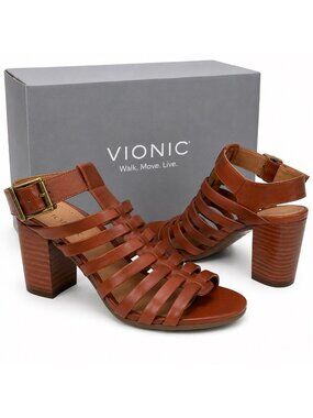 Vionic Perk Sami Supportive Cognac Leather Sandals Womens 8.5 Strappy Caged Heel